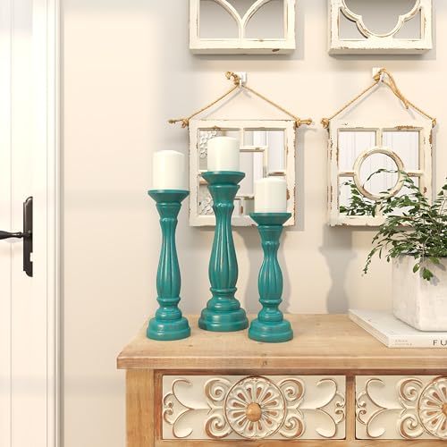 Deco 79 Wooden Decorative Candle Holder Distressed Candle Stand, Set of 3 Candlestick Holder 15", 13", 11"H, Blue Deco 79 Wooden Decorative Candle Holder Distressed Candle Stand, Set of 3 Candlestick Holder 15", 13", 11"H, Blue