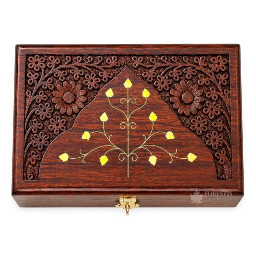 Image of Exquisitely Hand Brass-Filled Wooden OM Box for Good Luck| Jewellery Box (8X5 Inches, Crown)