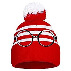 Aneco Halloween Red White Knit Beanie with Pompoms Nerd Costumes