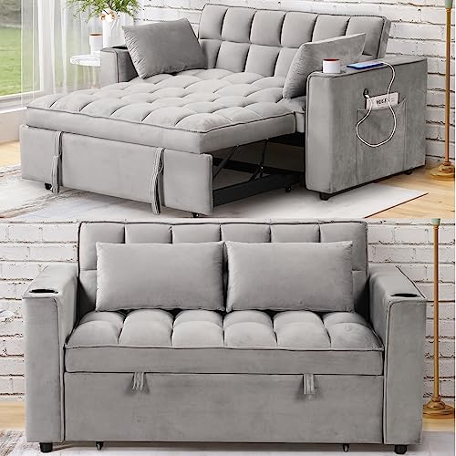 Merax 55.3' Loveseat with Pull Out Bed, Convertible Velvet Sleeper Sofa Bed with Cup Holder & USB Port, 2 Pillows, and Adjustable Backrest for Living Room or Apartments, Grey