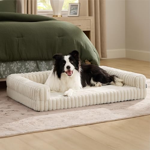 BEDSURE orthopädisches Hundebett Grosse Hunde - 89x64x18cm wasserdichtes Hundesofa mit Memory-Schaum & Eierkarton-Schaum, waschbarer und Abnehmbarer Cordbezug Hundecouch, Creme