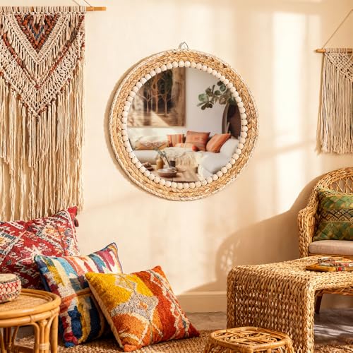 Vercraft Boho Round Hanging Wall Mirror Decor 16 Inches Rattan Wicker Costal Loop Round Circle Mirrors for Coastal Farmhouse, Living Room, Bedroom, Entryway