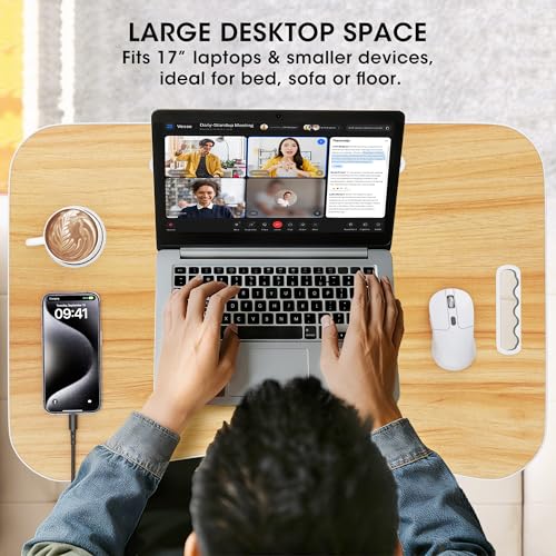Image of Folding Lap Desk, 23.6 Inch Wood Laptop Bed Desk with Cup Holder, Portable Bed Table for Working Writing Reading, Eating for Bed, Floor, Sofa, Couch - Yellow