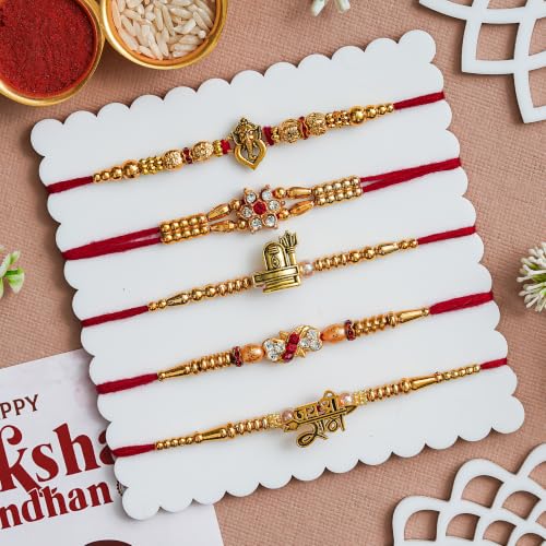 Image of Religious Rakhi For Brother Assorted, Chawal Roli Pack Set (5 Rakhi)