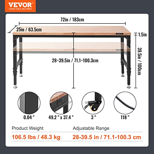 Image of VEVOR Workbench for Garage 72 inch Adjustable Workbench, Heavy-Duty Hardwood Worktable with Universal Wheels, 3000 LBS Load Capacity, with Power Outlets, for Workshop, Garage, Office and Home