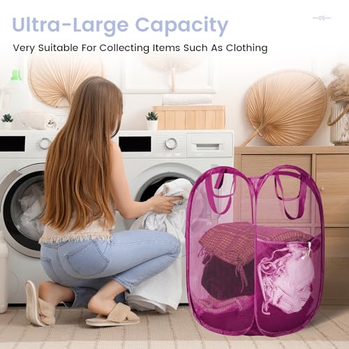 Image of HOUSE AGAIN 2 Pcs Pop Up Laundry Hamper, Strong Mesh Laundry Baskets Collapsible, Hamper with Handles and Side Pocket, Portable Foldable Dirty Clothes for Dorm, Laundry room and Travel Storage, Pink