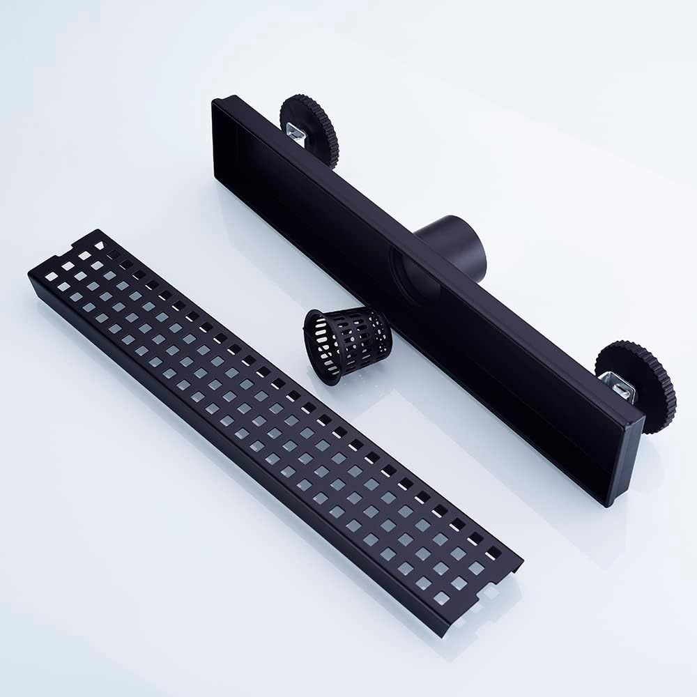 16 Inch Linear Bathroom Shower Rectangular Floor Drain,New Type with Removable Cover Grid Grate, Adjustable Leveling Feet Hair Strainer, SUS304 Stainless Steel,Black