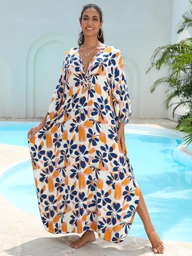 Image of IMAGEKOPE Women's Plus Size Animal Print V-Neck Batwing Kaftan Beach Dress Bathing Suit Cover-Up Loungewear
