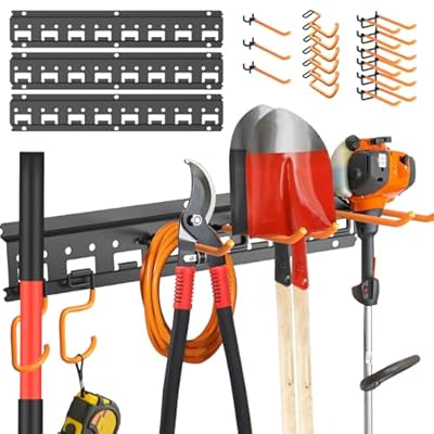 Unaikoo Garden Tool Organizer Wall Mount - Garage Storage and Organization Yard Tool Hanger with Adjustable Pegboard Hooks Shed Rack for Broom Mop Shovel Rake Trimmers, 48 inch Max 550lbs, Black