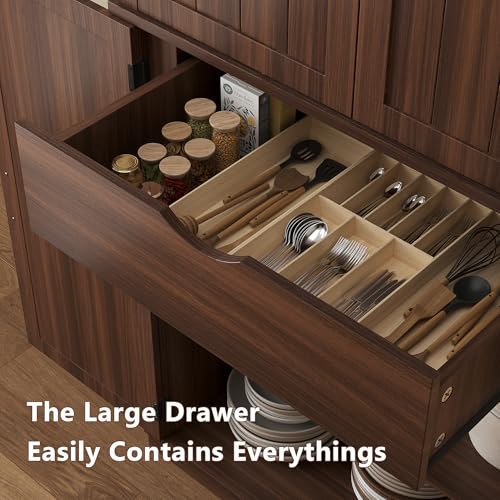 Image of iPormis 71 inch Tall Arched Cabinet with Doors, Farmhouse Kitchen Pantry with Adjustable Shelves & 6-Tier Door Shelves & Drawer, Modern Wood Storage Cabinet for Dining, Living Room, Bathroom, Walnut