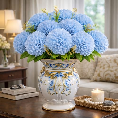 Image of Art Street Artificial Flower Bunch| Silk Blue Hydrangea Flower for Home| Bedroom, Living Room & Office Decoration |Christmas Day, New Year Set of 4 |11 Inch (Without Vase)