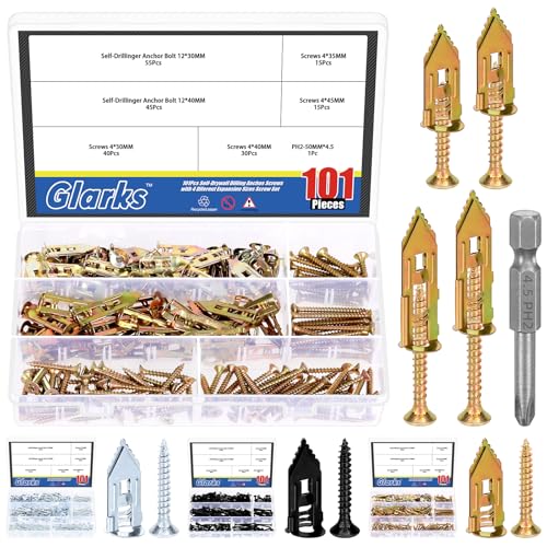 Glarks - Glarks 201pcs Drywall ancres auto-forage avec ensemble de vis, 100pcs en acier au carbone creux ancre mur vissage vis avec 100pcs vis et 1pcs PH2 bit kit pour aucun forage ou trous dans le mur