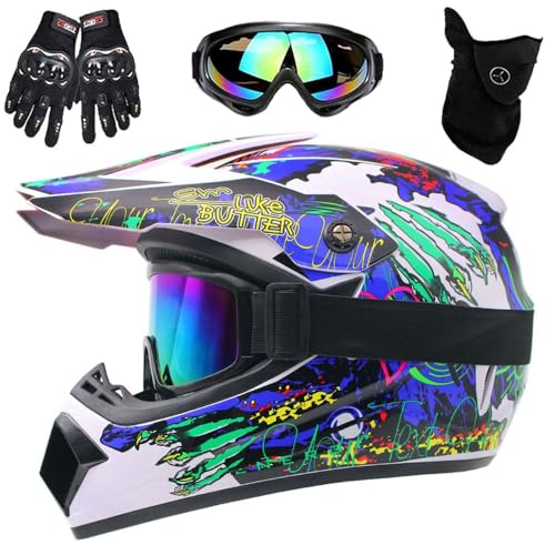 Casque de Moto IntéGral Certifié DOT Pour Enfants, Jeunes Et Adultes, Avec Masque, Lunettes Et Gants(White claw,S(52-53cm))
