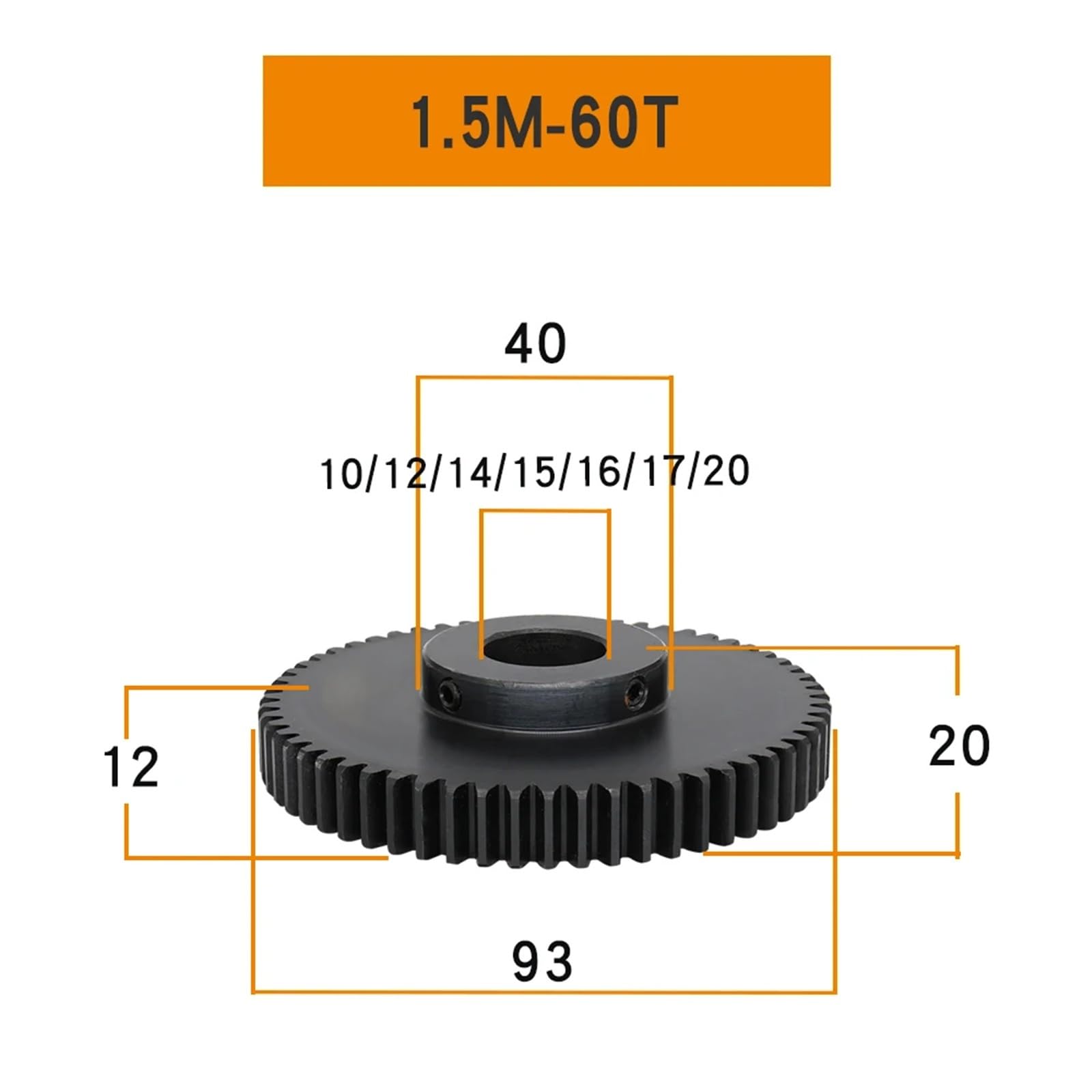 Engrenage cylindrique 1,5M-65T, alésage 12/14/15/16/17/20 mm, épaisseur des dents 12 mm, acier au carbone, 1 pièce(10 mm)