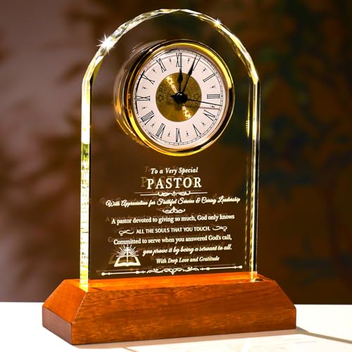 Image of Ornalrist Pastor Appreciation Gifts for Men Women Glass Clock for Best Pastor with Wooden LED Light Base Religious Thank You Keepsake for Pastors on Christmas Retirement Birthday Home Office Decor