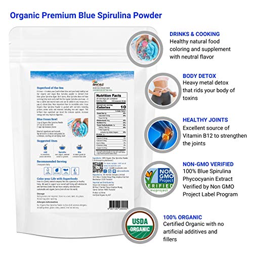 Incas Usda Organic Blue Spirulina Powder Phycocyanin Extract, No Fishy Smell, 100% Vegan Protein From Blue-Green Algae, Natural Blue Food Coloring For Smoothies, Baking, Drinks & Cooking - 50 Servings #TOP1