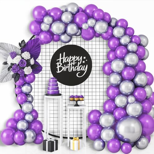 Image of Party Propz Silver and Purple Balloons For Birthday Decoration - 50 pcs Purple and Silver Balloons For Decoration | Metallic Balloons For Decoration | Happy Birthday Balloon Decoration Kit (Latex)
