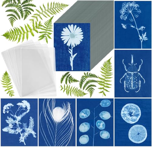 Sun Print Paper Kit, 100 Sheet Cyanotype Paper with 4 Sheet Acrylic Panel, A5 Sun Art Sunprint - High Sensitive Nature Solar Activated Printing Papers for Adult DIY Art Crafts (5.8 x 8.3 Inch) by GCTWFYK - Used condition - US$24.69