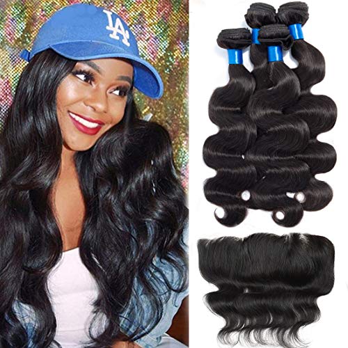 CRANBERRY Hair Unprocessed Brazilian Virgin Hair Body Wave Hair 3 Bundles with 4x4 inch Free Part Lace Closure 100% Human Hair Natural Color (10 12 14 16+8, Bundles with Frontal)