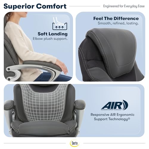 Image of Serta Bryce Executive Office Chair - Ergonomic Computer Desk Chair with Patented AIR Lumbar Technology - Adjustable Height - Memory Foam Body Pillows - 360 Swivel Rolling Base - Bonded Leather - Gray