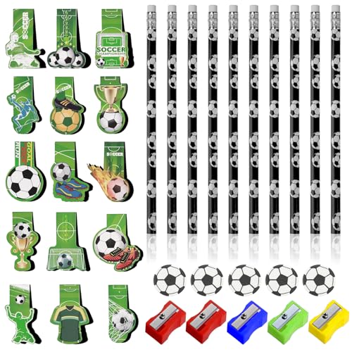 QMLING 15 Stück Fußball Magnetische Lesezeichen Kinder, Fussball Mitgebsel Jungen mit Radiergummi, Fussball Bleistifte mit Bleistiftspitzer, Magnet Lesezeichen für Buchliebhaber Fußballfans