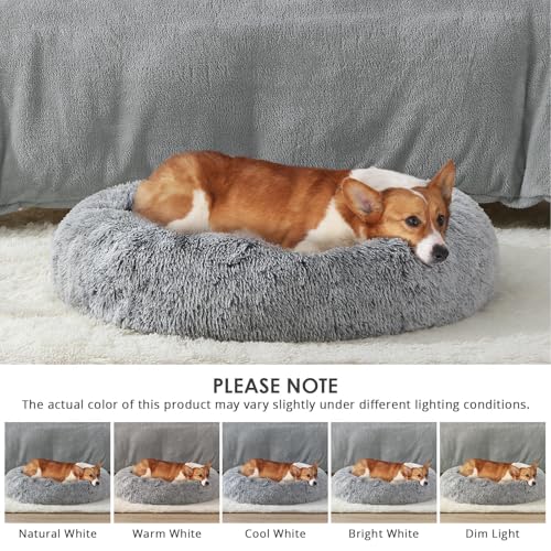 Image of JOLLYVOGUE Calming Donut Dog Bed & Cat Bed, Fluffy Faux Fur Plush Dog Cuddler Bed, Anti-Anxiety Dog Round Bed, Washable Warming Cozy Soft Dog Cat Cushion Bed for Small Dogs and Cats (20 inch)