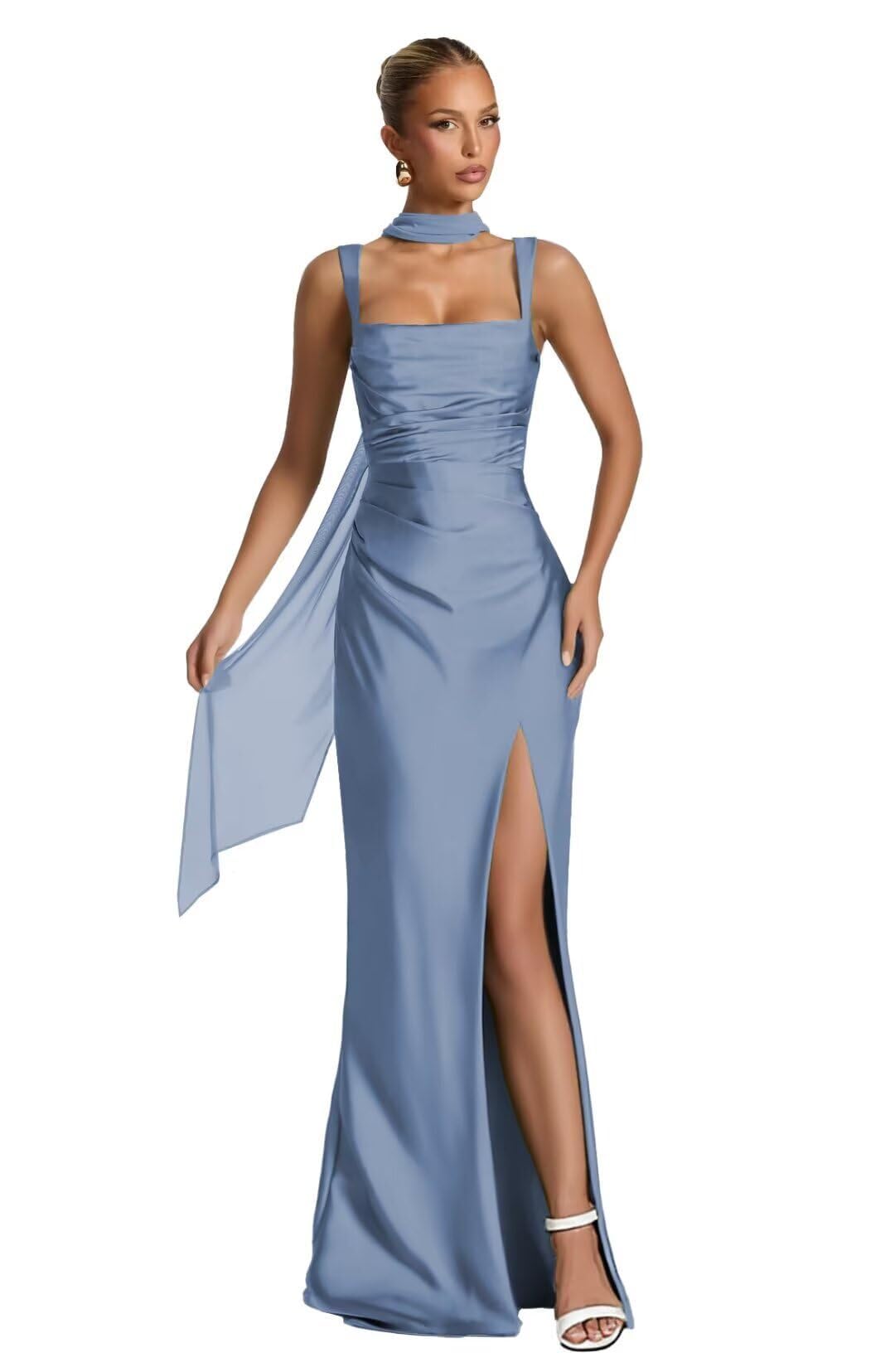 EAURIC Bridesmaid Dresses for Wedding 2025 Pleated Satin Formal Dress with Slit for Women