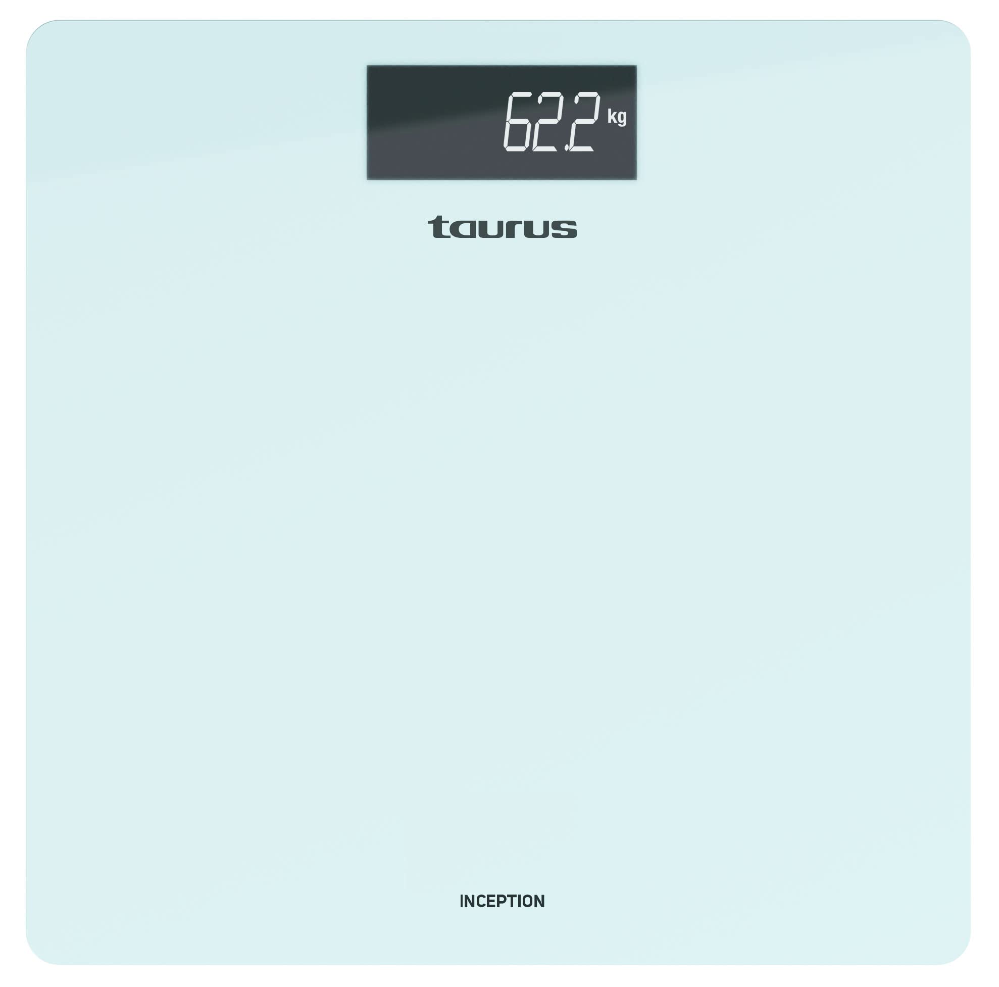 Taurus Pèse-personne numérique | Design fin | 28 x 28 cm | Verre trempé ultra résistant | Écran Display | Max 180 kg | Pieds antidérapants | Bleu