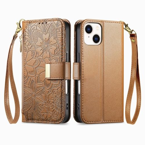 Portefeuille à rabat en cuir marron pour iPhone 15 Pro Max