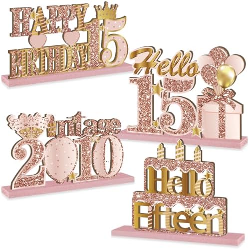 4 piezas de 15 cumpleaños de madera vintage 2010 centros de mesa para niñas, decoración de mesa de cumpleaños de 15 años de oro rosa con texto en