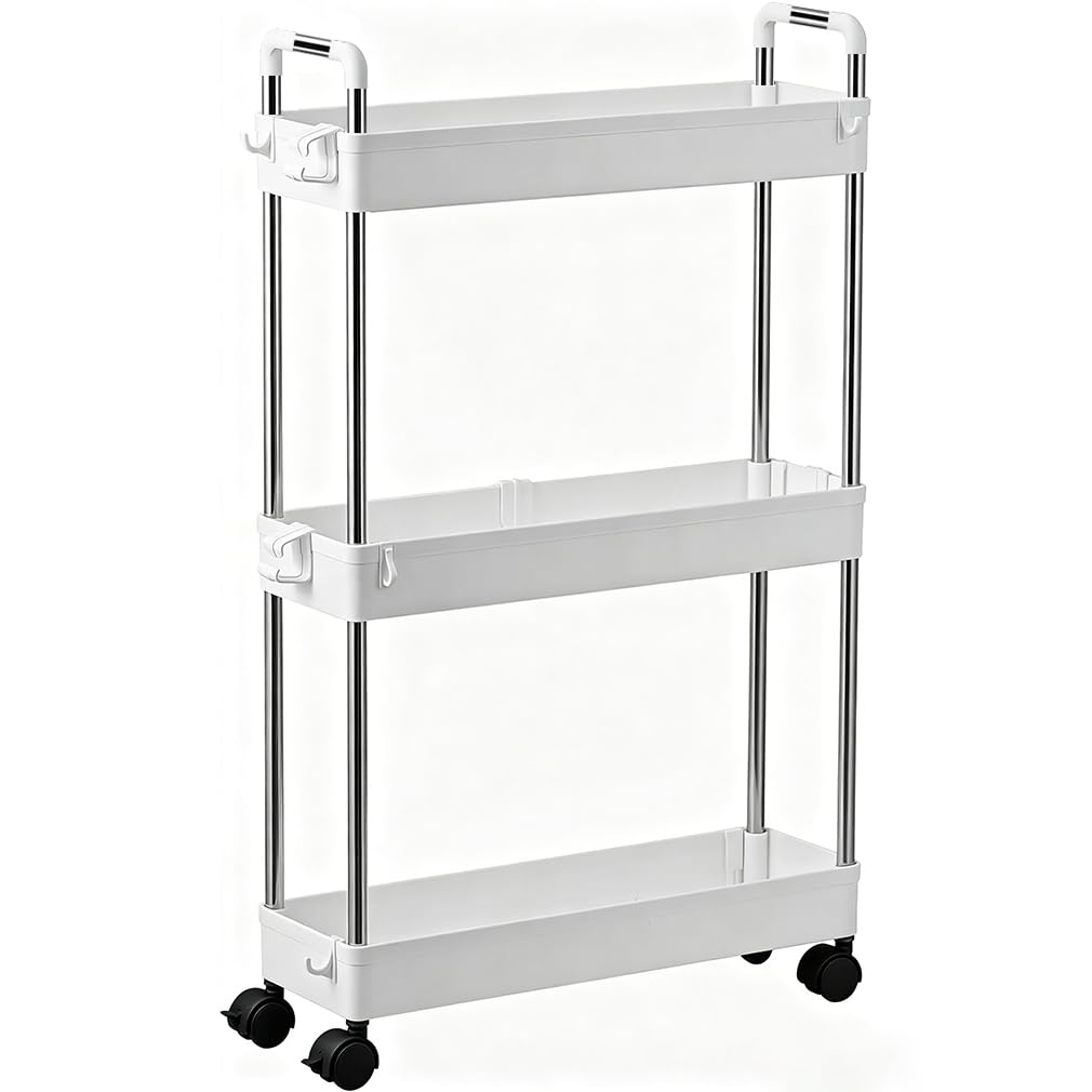 huiziyi 3-Tier Storage Trolley Cart Slide-out Slim Rolling Utility Cart Mobile Storage Shelving Organizer for Kitchen, Bathroom, Laundry Room, Bedroom, Narrow Places, Plastic & Stainless Steel