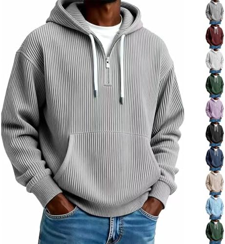Mens Quarter Zip Pullover Corduroy Long Sleeve Big and Tall Hoodies Plus Size Workout Hooded Sweatshirt with Pocket