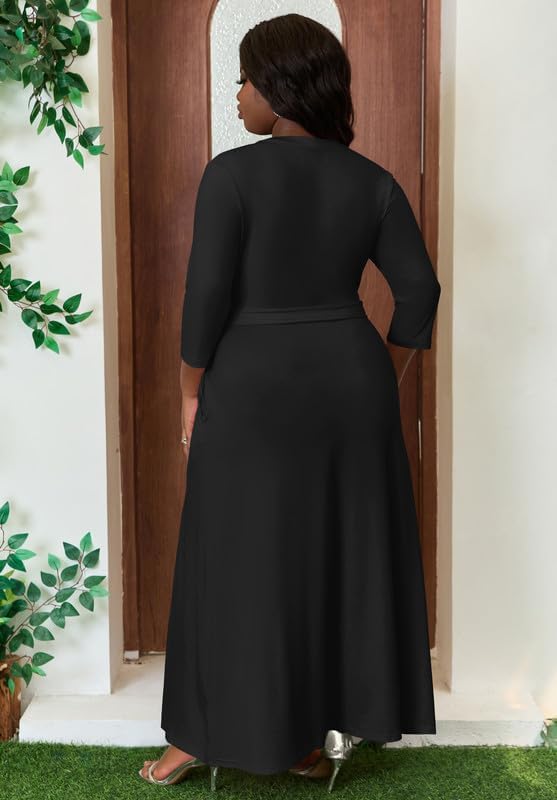 Elegant Church Maxi Dresses for Women Plus Size V-Neck 3/4 Sleeve Casual Fall Dress with Pockets - Image 4