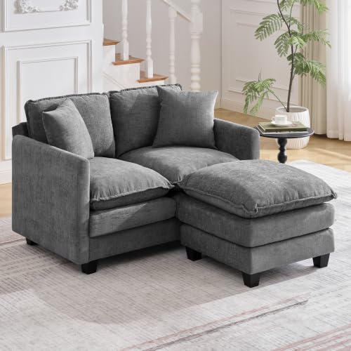 Image of 51'' Cloud Loveseat Couch with Ottoman, Love Seats Cloud Sofa with 2 Throw Pillows, Modern 2 Seater Sectional Couches with Deep Seat, Modular Sofas for Living Room, Small Apartment, Dark Grey