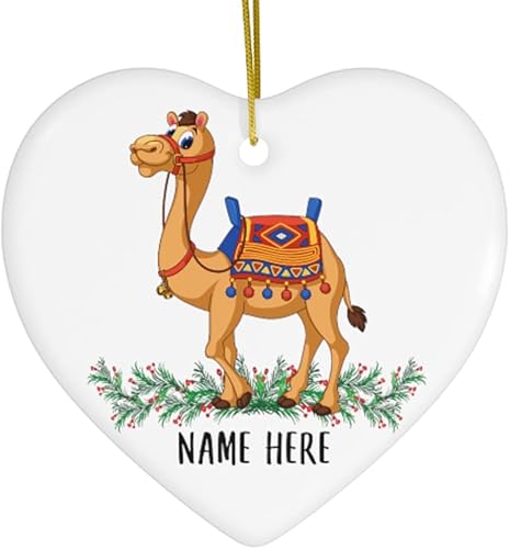 Divertido nombre personalizado camellos regalo de dibujos animados regalos de texto personalizado 2023 adornos de árbol de Navidad corazón cerámica