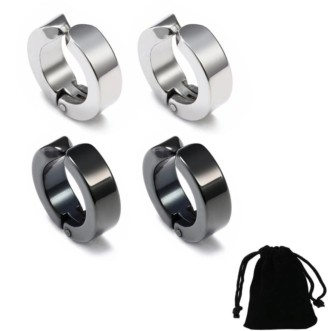 VODAFQS 2 Pares Pendientes del Aro e Acero Inoxidable, Redondos, Sin Agujero, Pendientes Falsos, Clip Sin Agujero Aros Inoxidables Pendientes Clip No Perforantes para Hombre Plata Negro