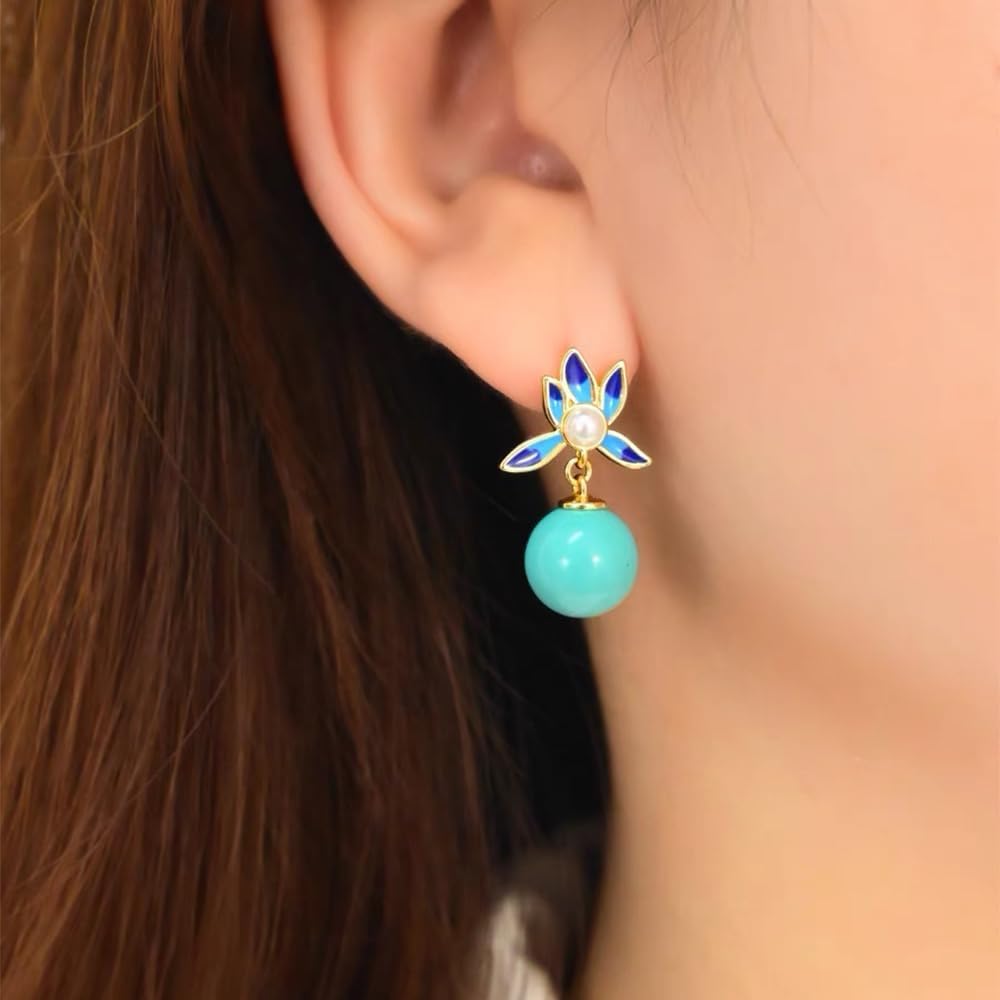 S925 Silver Gold-Plated Natural Turquoise Round Beads Orchid Earrings Jade for Women Yoga Genuine