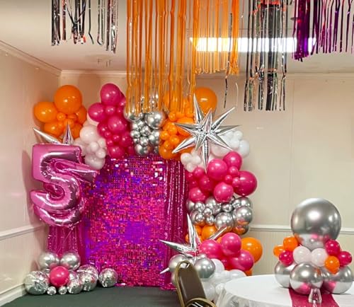 Image of Pink and Orange Balloon Arch Kit, 180Pcs Hot Pink Orange Metallic Silver Latex Balloon Garland kit, 18 12 10 5 Inch Different Size Balloons for Birthday Baby Shower Wedding Party Decorations
