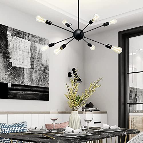 Dllt Sputnik Chandelier 8 Lights, Starburst Black Modern Ceiling Light Fixtures, Mid Century Vintage Hanging Semi Flush Mount Pendant Lamp For Living Room, Kitchen And Bedroom, E26 Base #TOP5