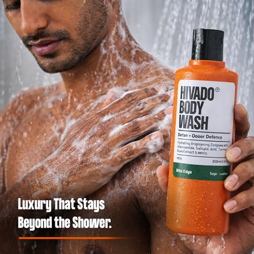 Image of HIVADO Men's De-Tan Body Wash 3x250ml | Tan Removal & Skin Brightening Shower Gel with Niacinamide & Turmeric | Controls Oil, Body Odour & Back Acne | Alum, Salicylic Acid & Lactic Acid Formula | Hydrating Cleanser | Sage & Leather Scent