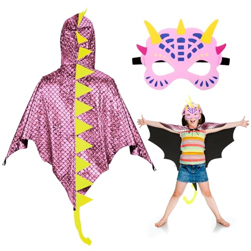 DKINY Dinosaurier Kostüm Kinder Halloween Dinokostüm mit Drachenflügel Umhang und Maske Dino Cosplay Kinderkostüm Zubehör für Junge Mädchen Halloween Karneval Fasching-Rosa