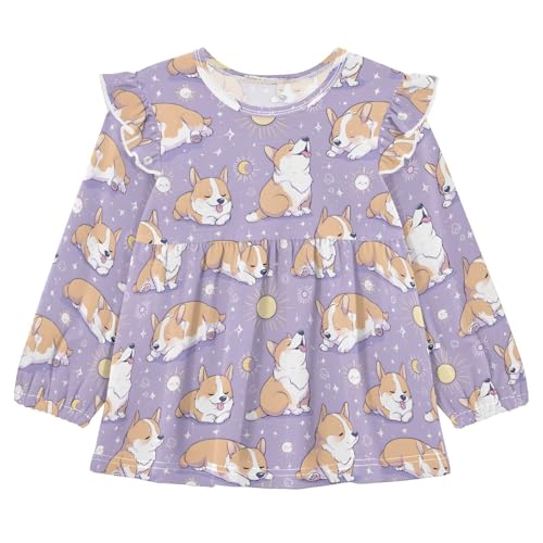 Cute Puppy Sun Girls Shirts Cotton Long Sleeve Ruffle Toddler Tee Tops