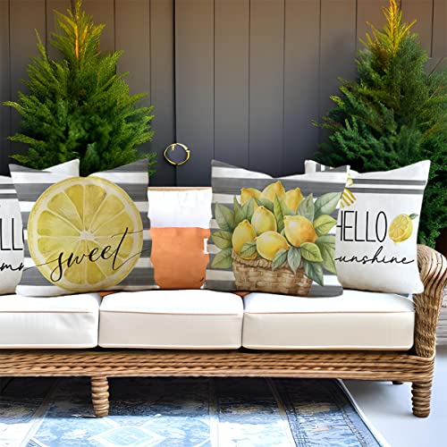 Pillow Covers 18X18 Set Of 4 Grey Stripe Lemon Sweet Hello Sunshine Summer Throw Pillows Decorative Cushion Cases Summer Decorations Farmhouse Decor For Home Decor (18''X18'', Yellow) #TOP3