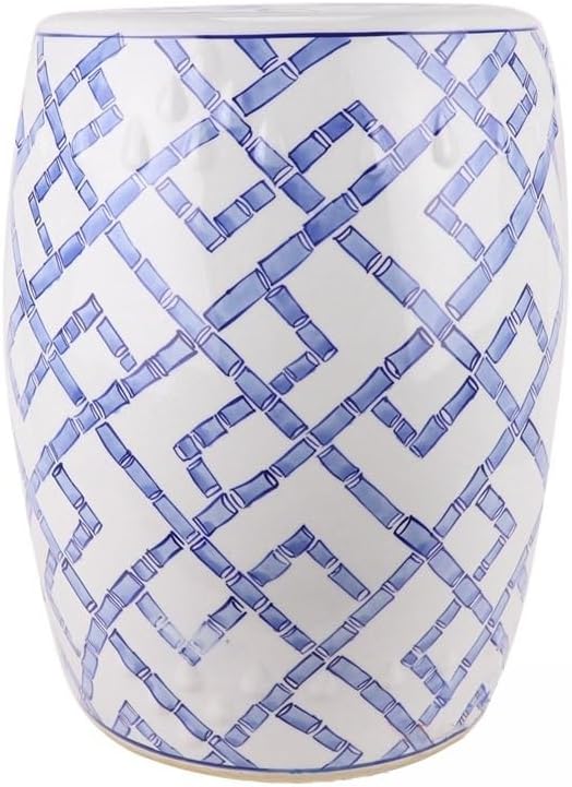 Ceramic Garden Stool Decorative Garden Stools Ceramic Cooler Pier Blue Banana Leaf Stool Modern Chinese Hand-Painted Geometric Ceramic Stool Ornaments Garden Stool(B)