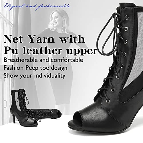 HIPPOSEUS Women's Net Yarn Latin Salsa Dance Booties Peep Toe Ballroom Ankle Boots Lace up Heels Class Dance Shoes2