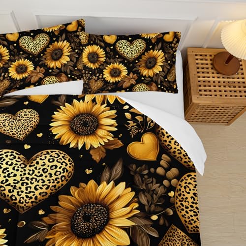 Image of Black Sunflowers Comforter Set Full for Girls Women Kids,Yellow Floral and Leopard Print Heart Pattern Bedding Set,3-Pieces Soft Microfiber Botanical Quilt Set for Bedroom Decor