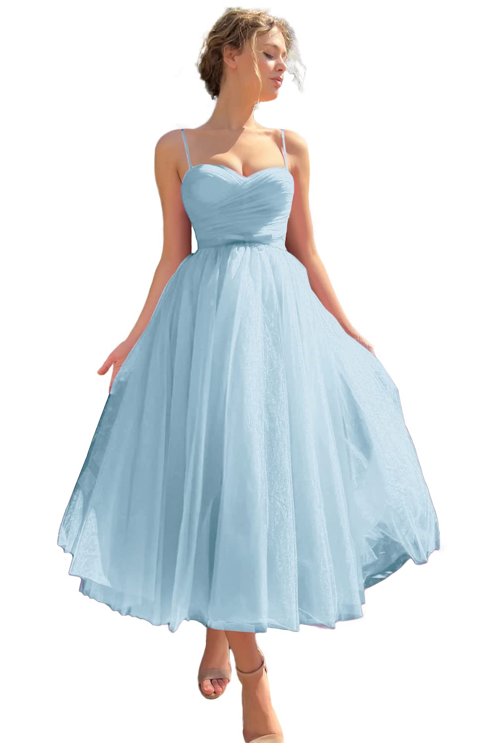 Sevintage Spaghetti Straps Tulle Prom Dress Tea Length Formal Party Evening Dress with Pockets