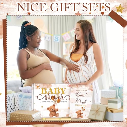 Image of Fuyoooo 27 Pcs Brown Bear Baby Shower Guest Book Set Baby Shower Sign in Guest Floral Book Place Table Cards with Gold Pen Adhesive Photo Corner for Birthday Party
