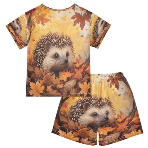 ALAZA Hedgehog Maple Leaf Pajamas Set Short Sleeve Cotton Sleepwear Summer Pjs 2 Piece 5-14Y2