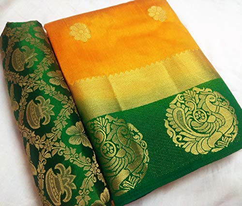 Image of Beautiful Mango Yellow with Green Annam - Peacock Border Tassar Silk Saree with Double Blouse
